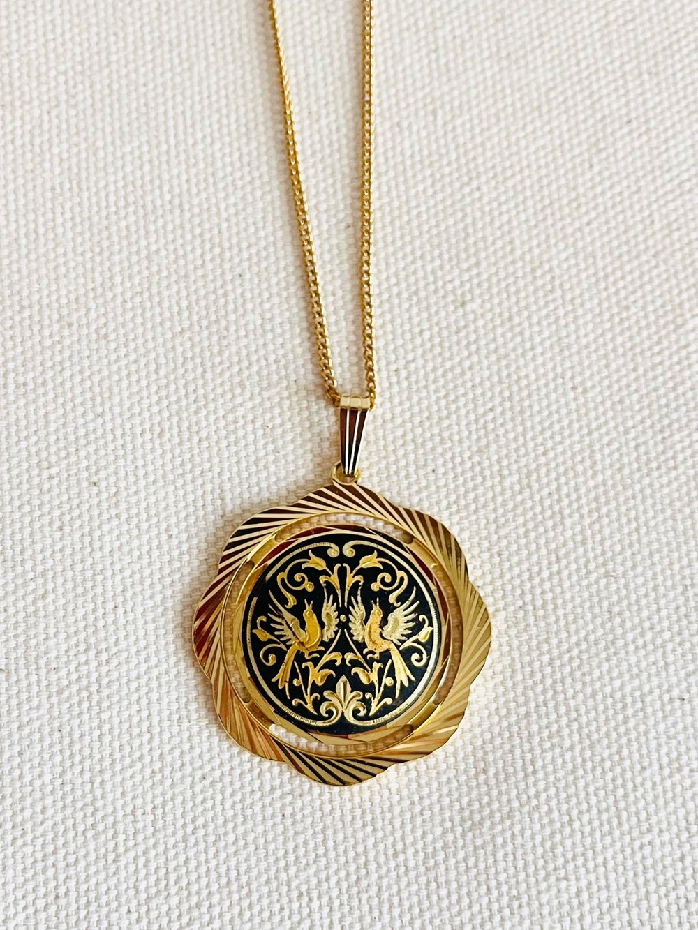 Vintage Damascene Bird Reversible Spinner Pendant Necklace